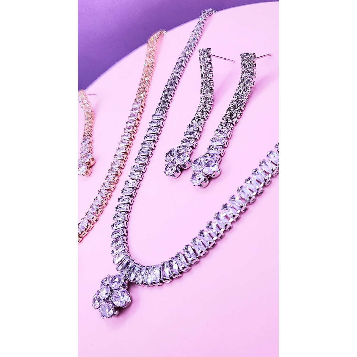 Flower Crystal Baguette Cut Layered Necklace Set