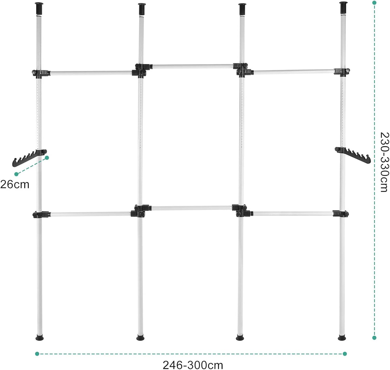 Telescopic Clothes Rack Heavy Duty Adjustable Rail with Hooks 8–10.8 ft