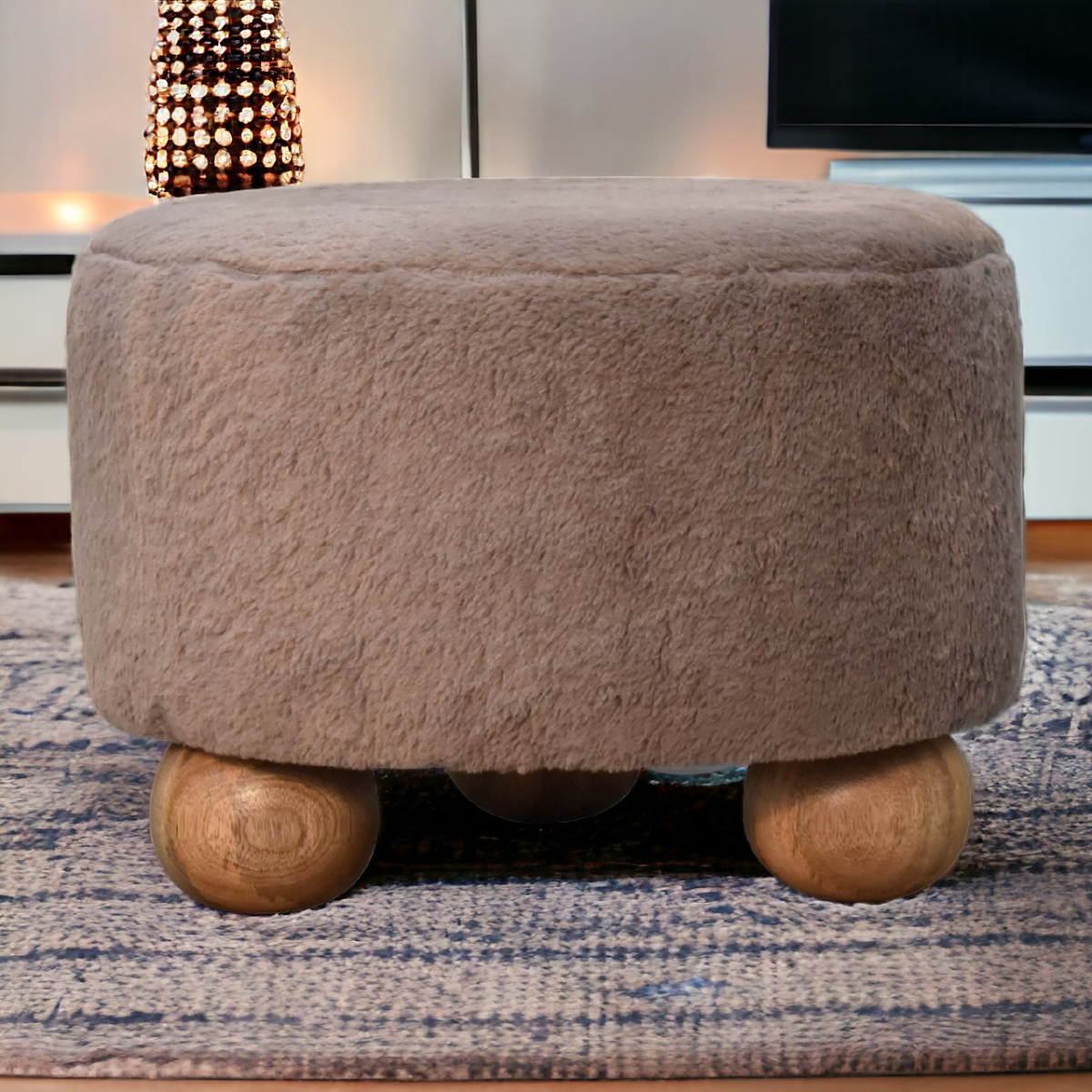 Artisan Furniture Solid Mango Wood Mocha Faux Fur Round Ball Footstool