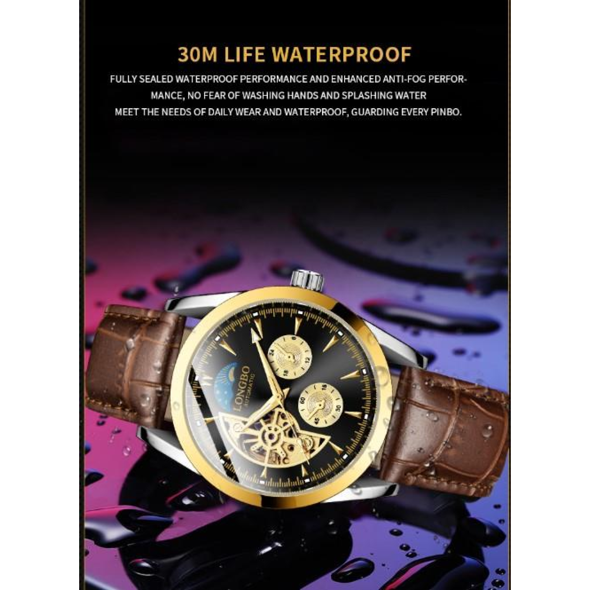 NY London Mens Automatic Hollow mechanical Dial Analogue Gold/Brown Leather Strap Watch