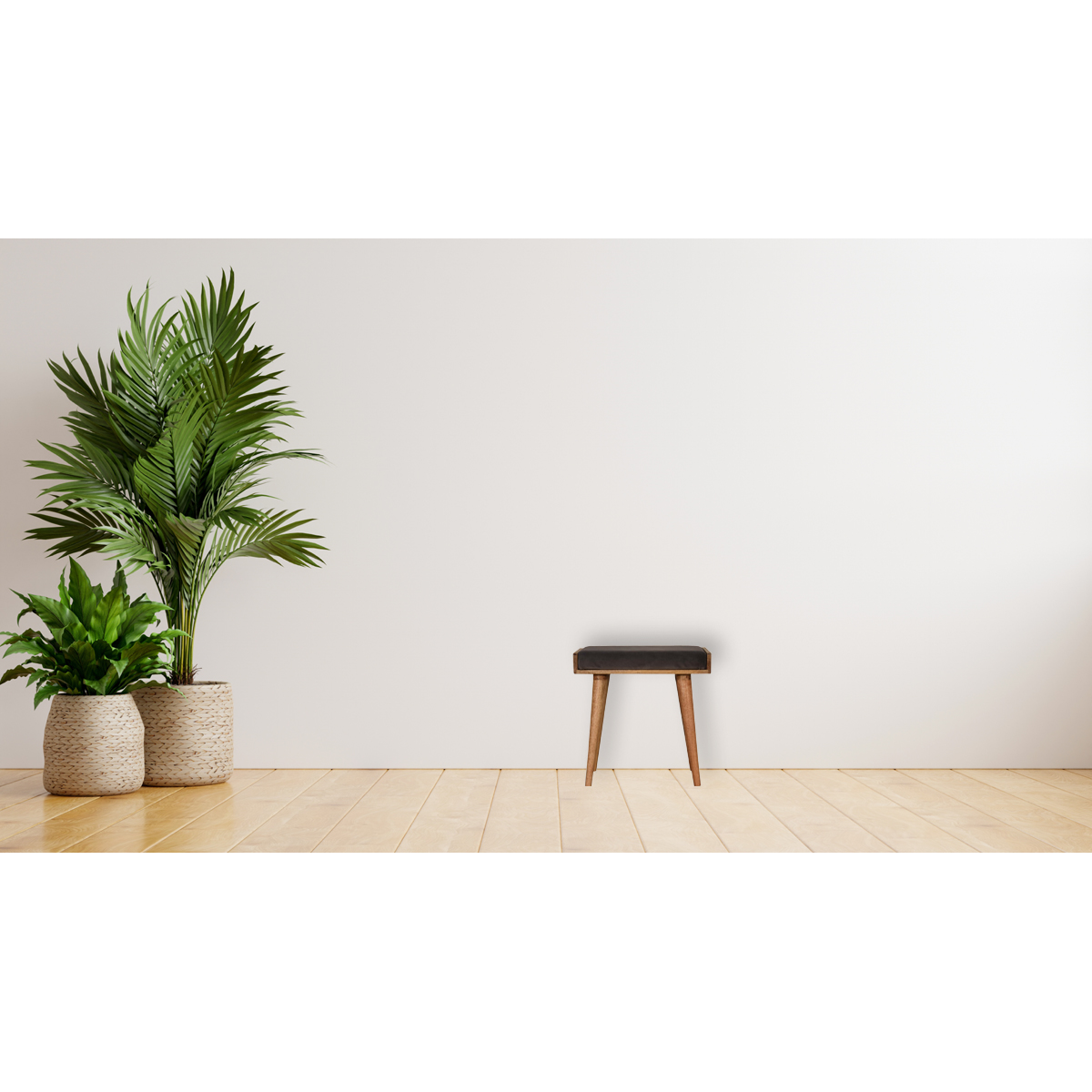 Artisan Furniture Solid Mango Wood Grey Velvet Tray Style Footstool