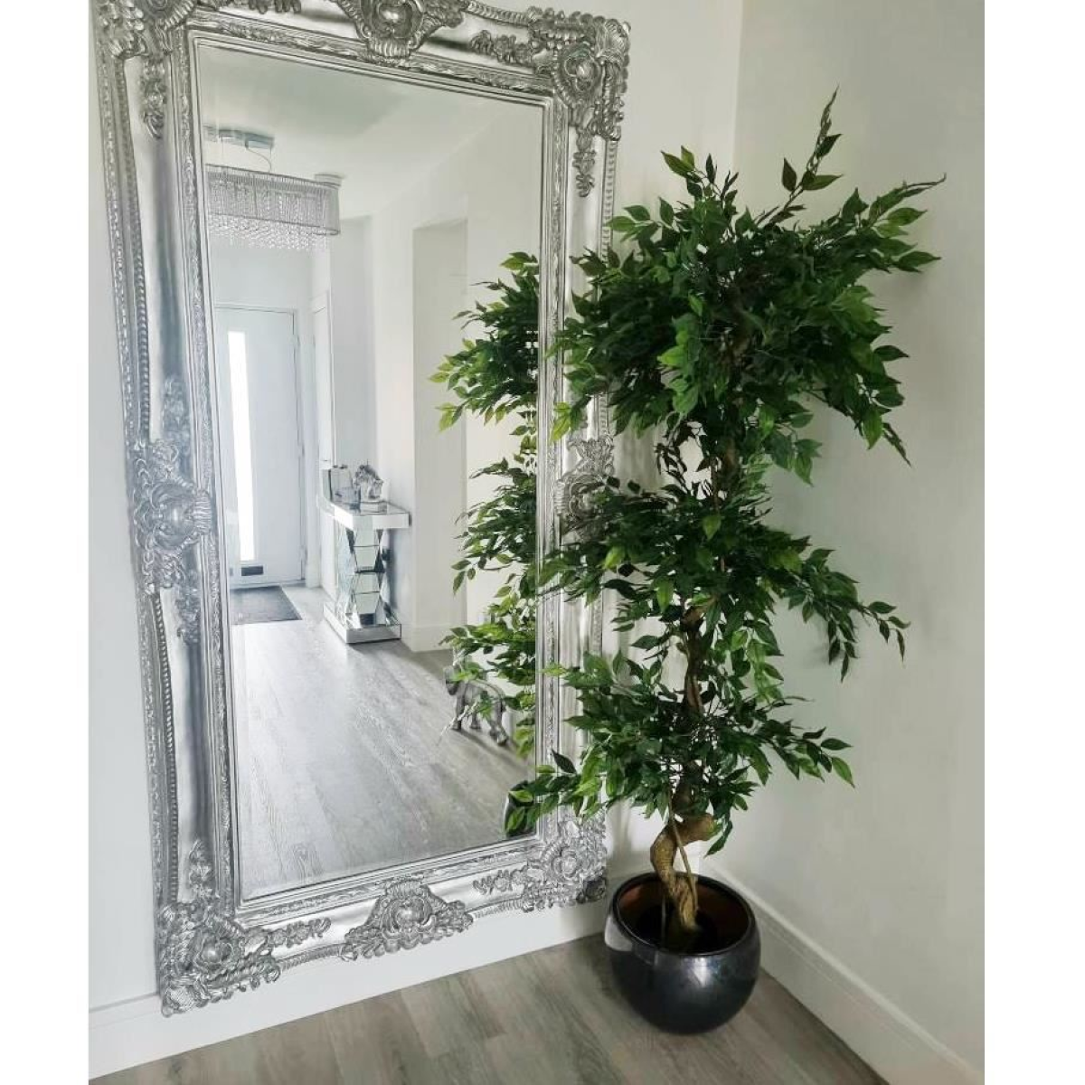 180cm Artificial Twisted Trunk Fruticosa Ficus Tree Triple Ball Topiary 1984 Leaves Silver Metal Planter