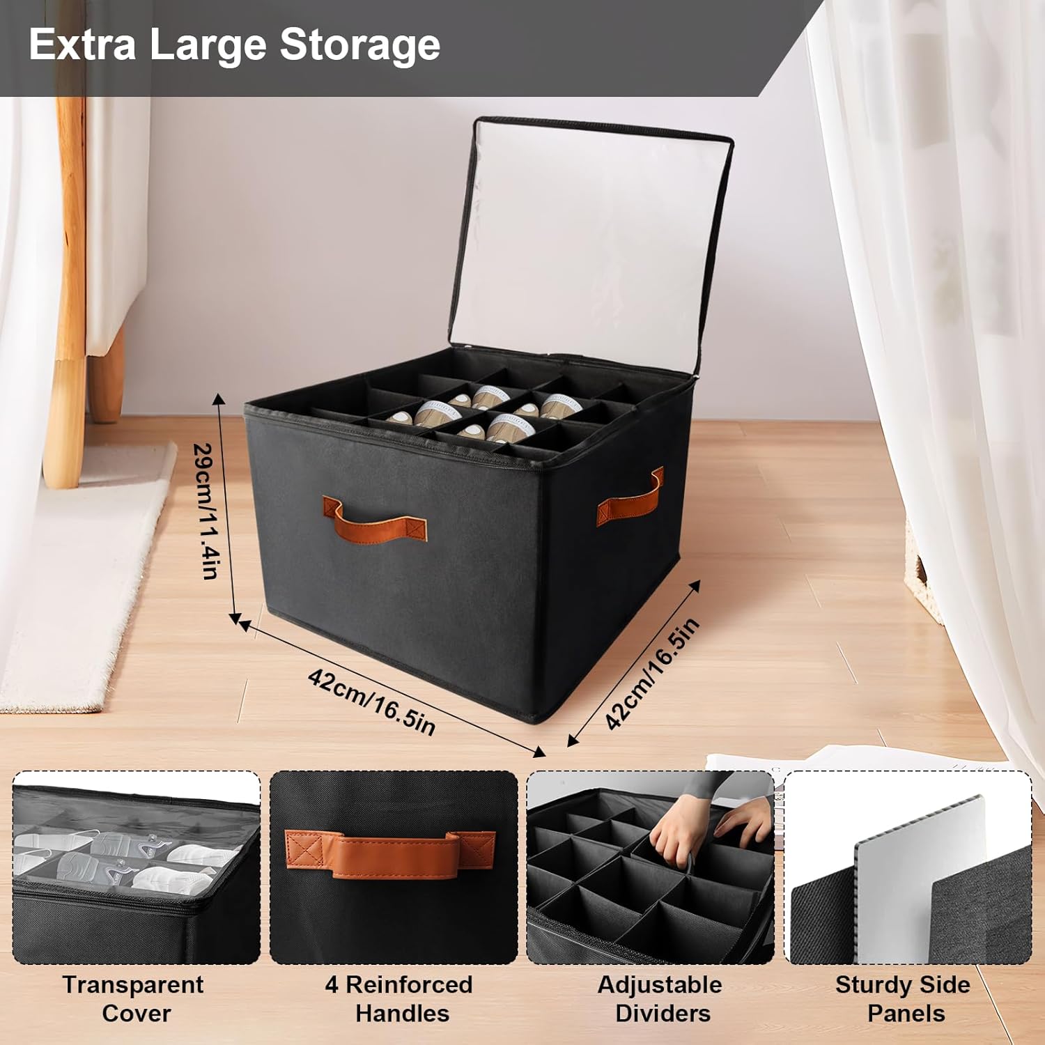 Shoe Organizer 16 Grid Adjustable with Clear Dust Cover Foldable Storage Hiyorsoa