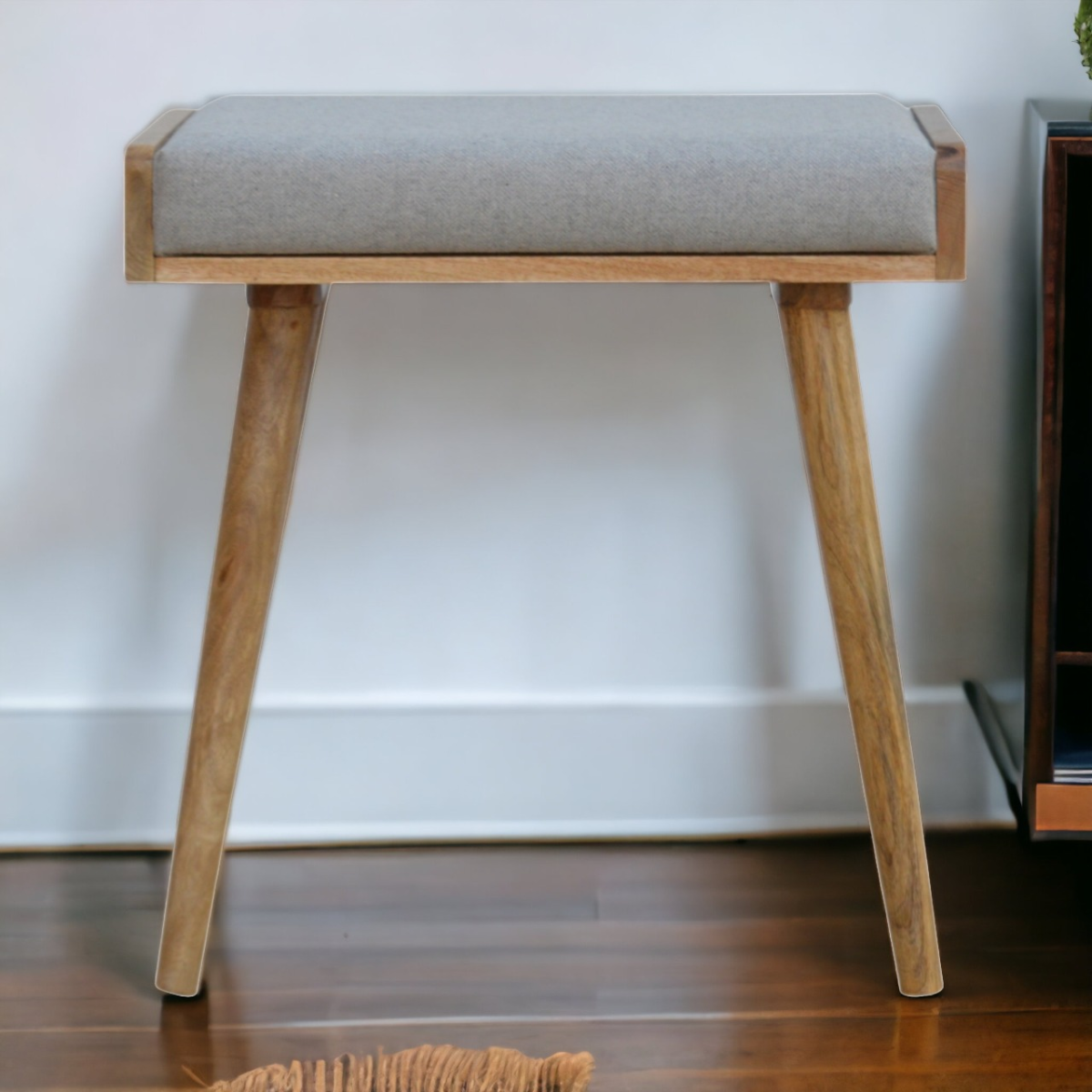 Artisan Furniture Solid Mango Wood Grey Tweed Tray Style Footstool