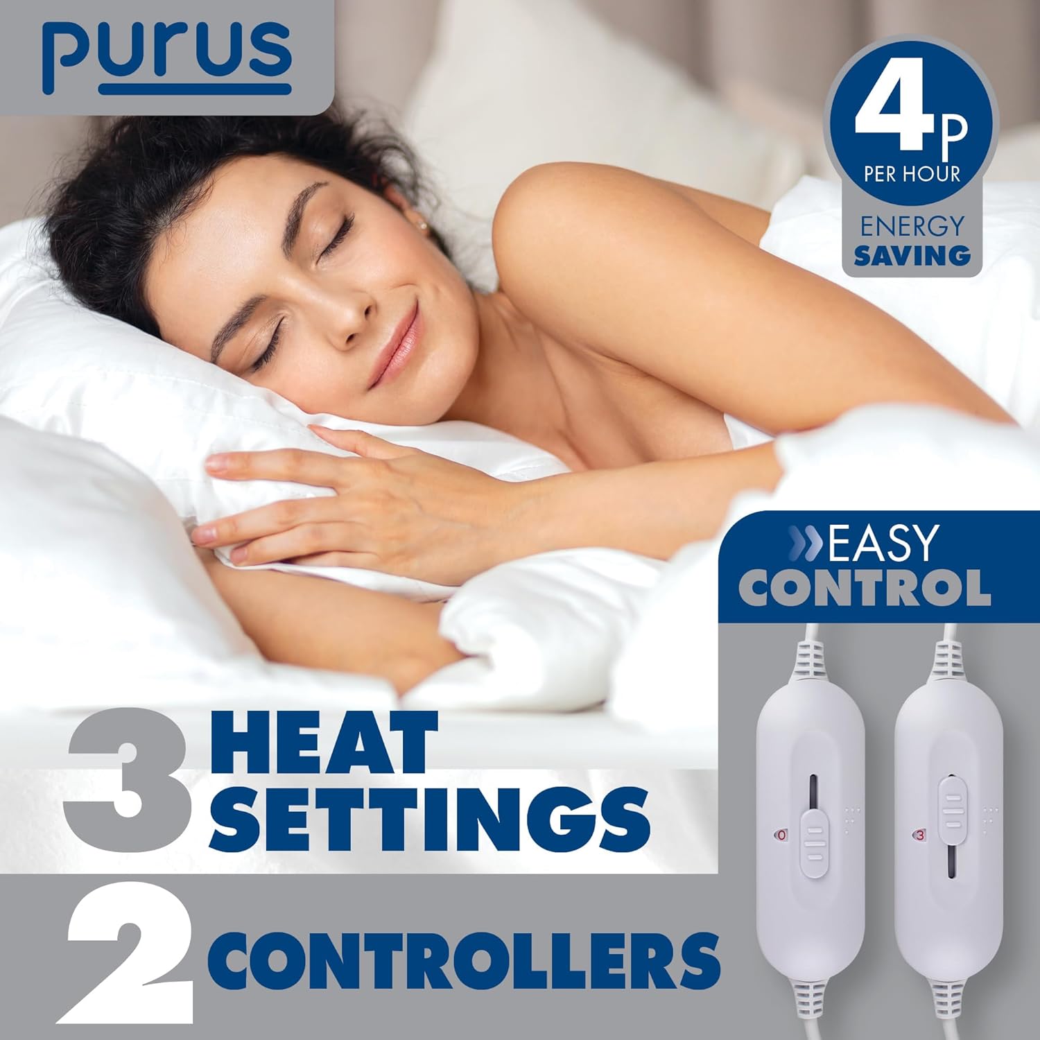 Double Electric Blanket 193x137cm Soft Polyester with 3 Heat Settings Purus