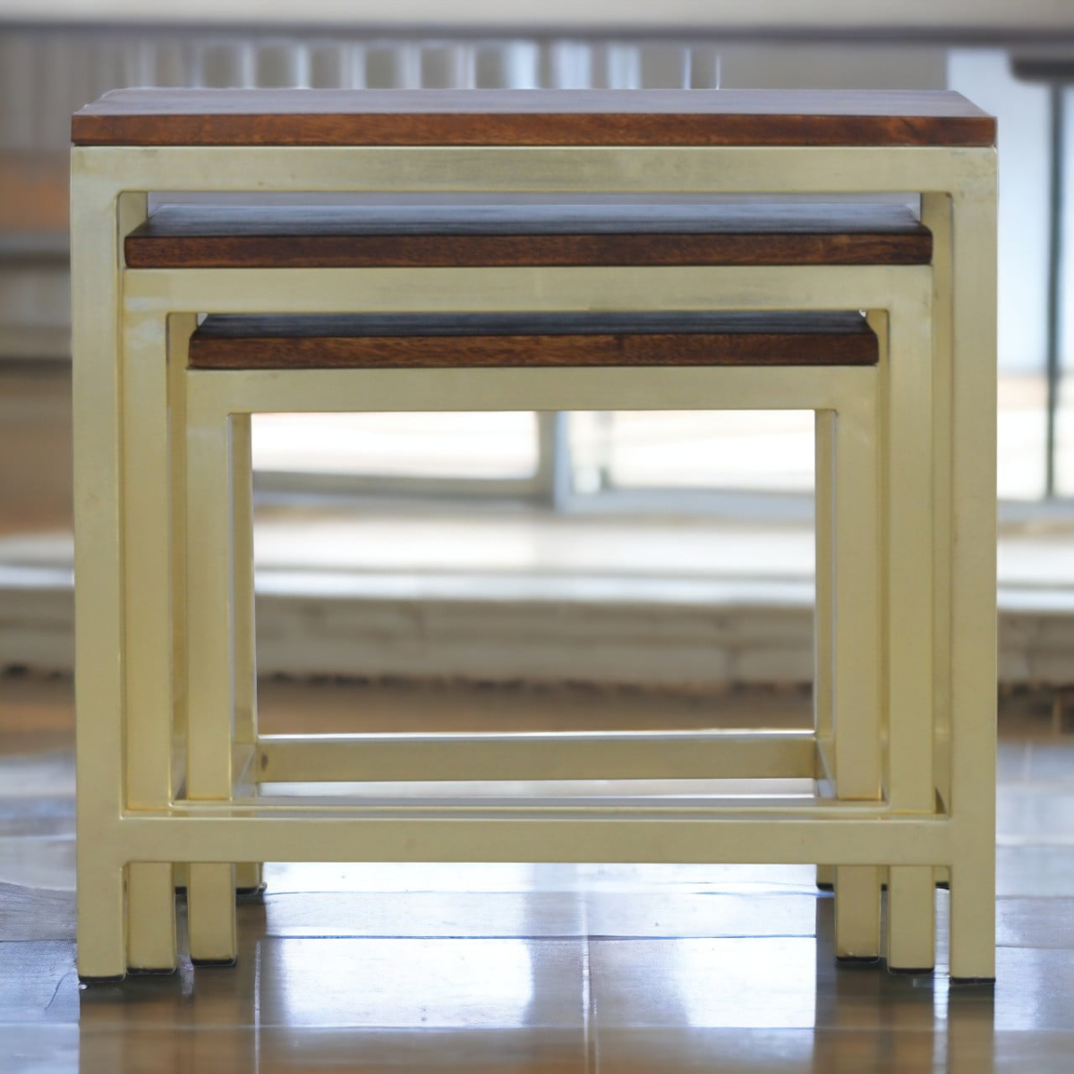 Artisan Furniture Solid Mango Wood Chunky Gold Stool Set of 3