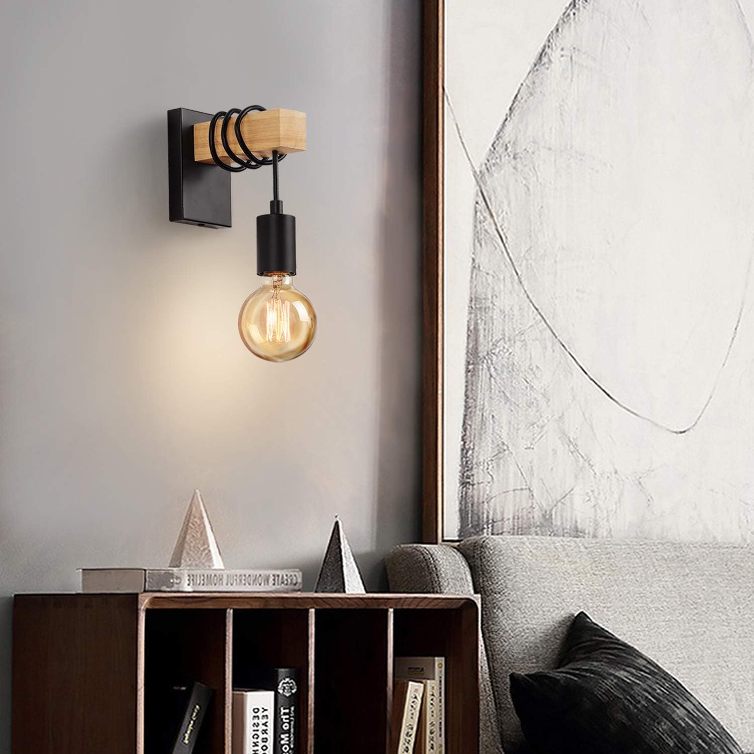 Wooden Wall Light 2 Pack Vintage Industrial E27 Rustic Sconce Black Lightess