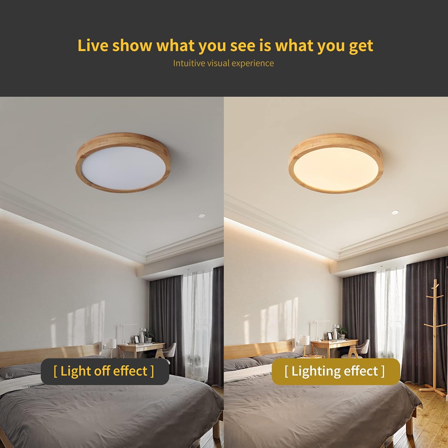 LED Ceiling Light 20W 6000K Round Wood 1600LM Modern Home Light Schindora