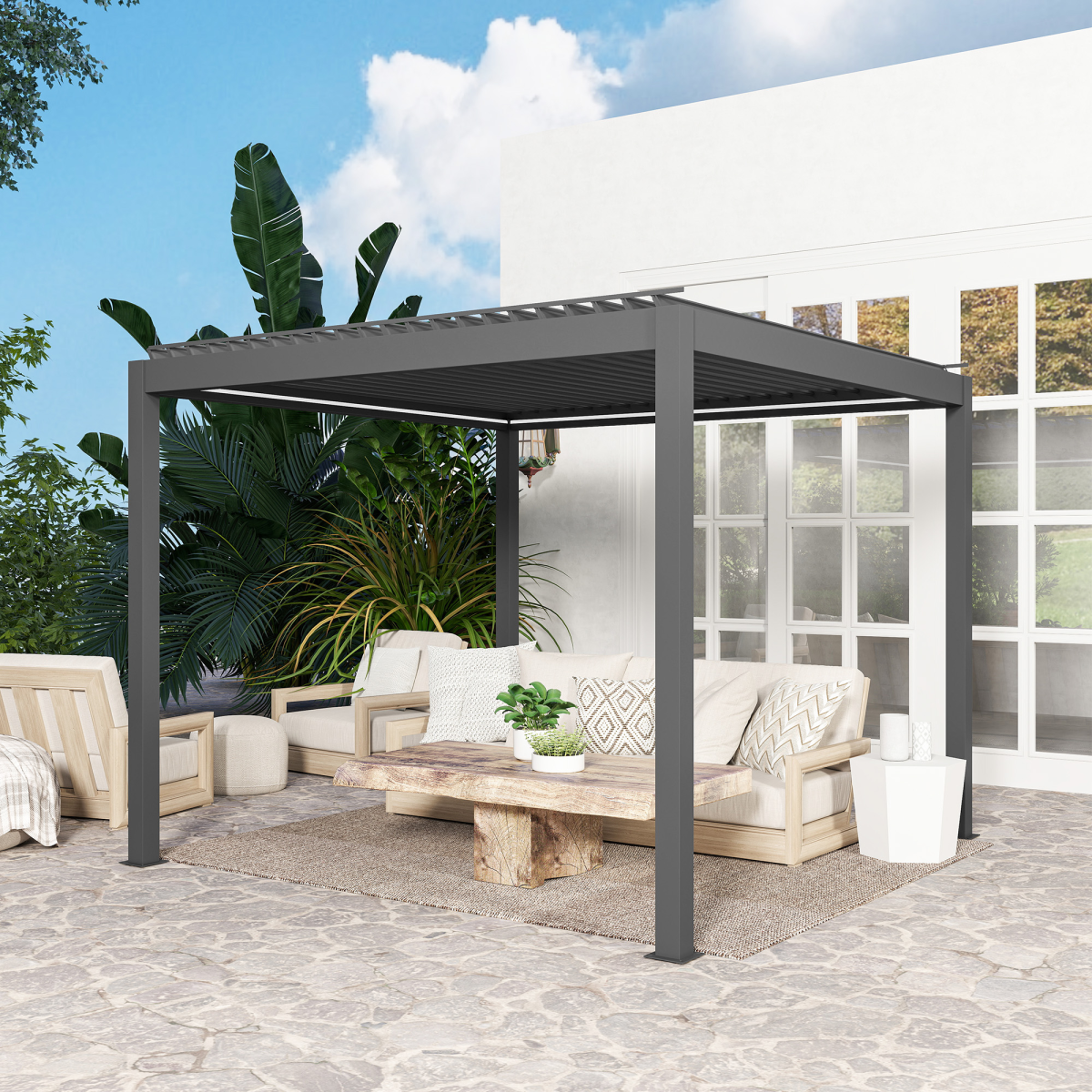 Outsunny 3 x 3(m) Electric Louvered Pergola Aluminium Pergola w/ LED Light