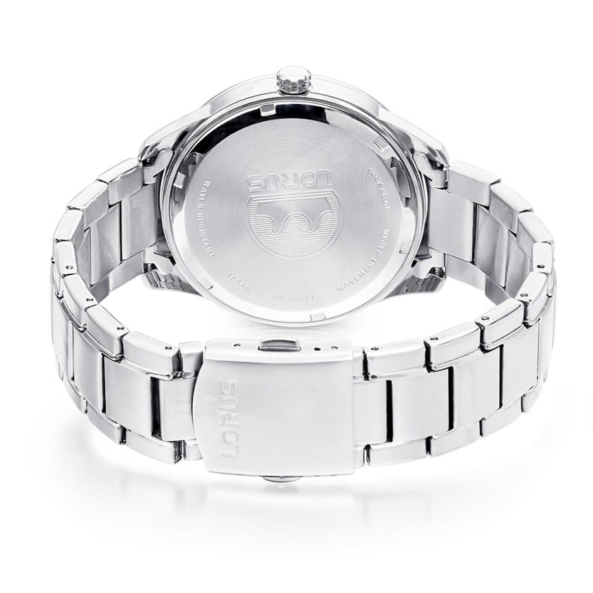 Lorus Mens Sports Day Date Black Dial Seigaiha-mon With Stainless Steel Bracelet Watch RH361AX9