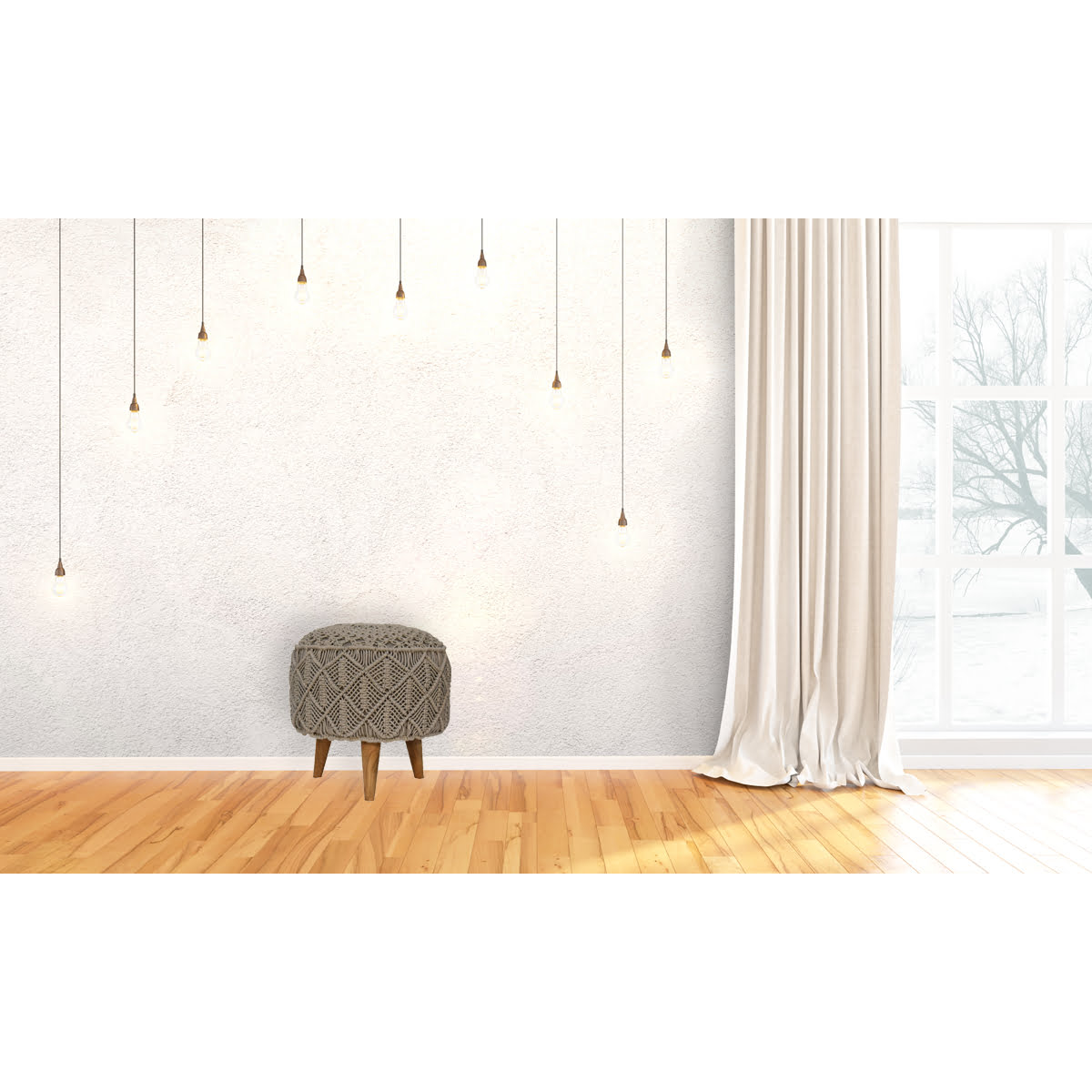 Artisan Furniture Solid Mango Wood Crotchet Grey Footstool