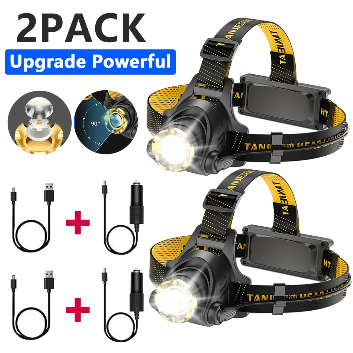 2 Pack USB Rechargeable LED Headlamp 3 Modes Head Torch Zoomable Headlight+Car Charger+USB Cable