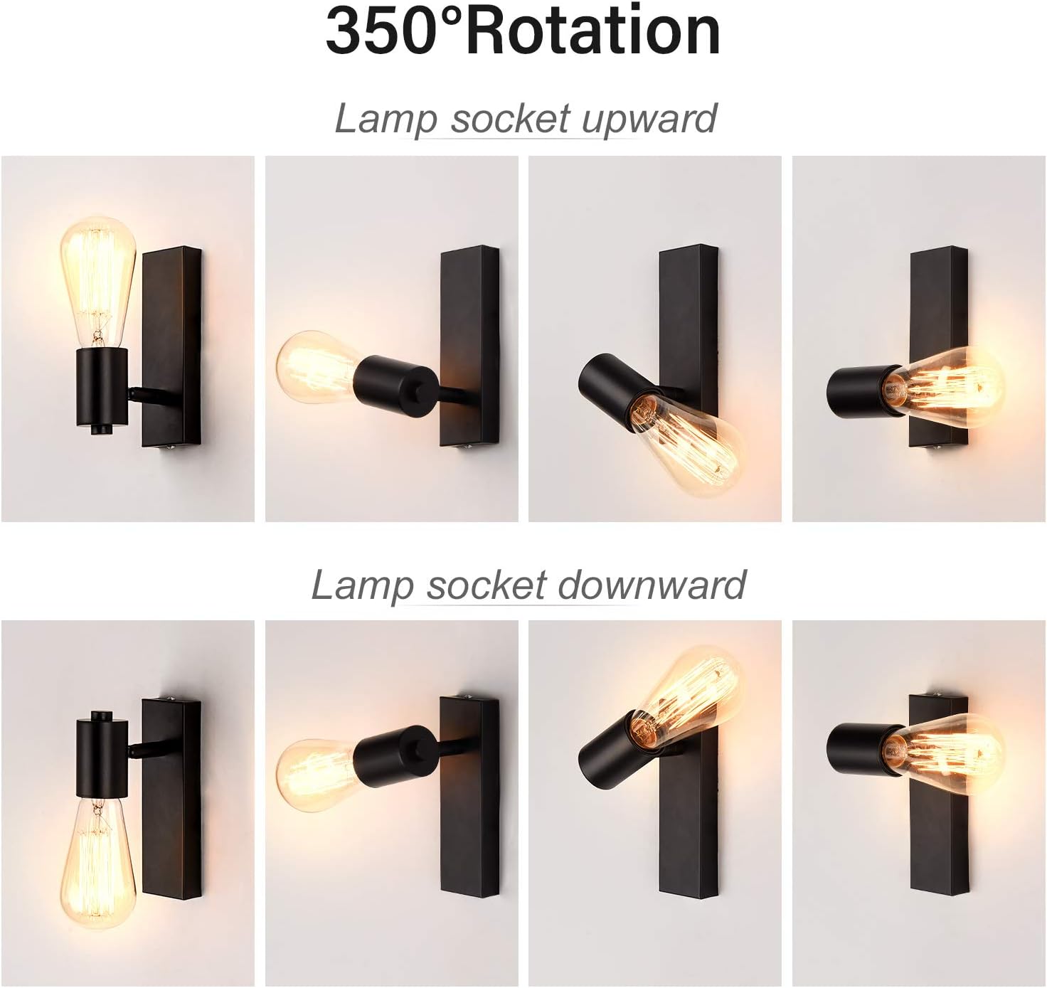 Industrial Wall Lights 2 Pack Rotatable E27 Rustic Wall Sconce Black Lightess