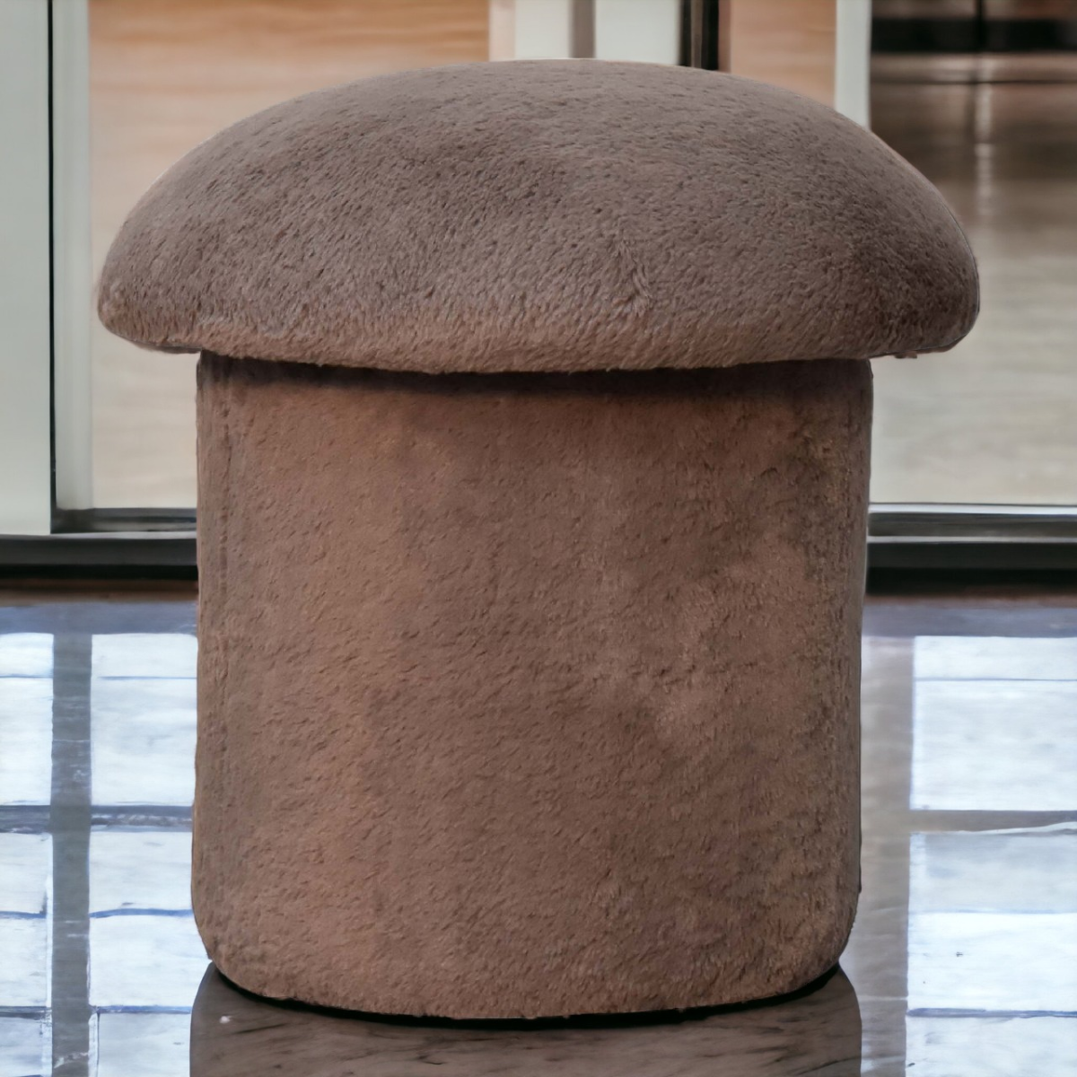 Artisan Furniture Solid Mango Wood Mocha Faux Fur Mushroom Footstool