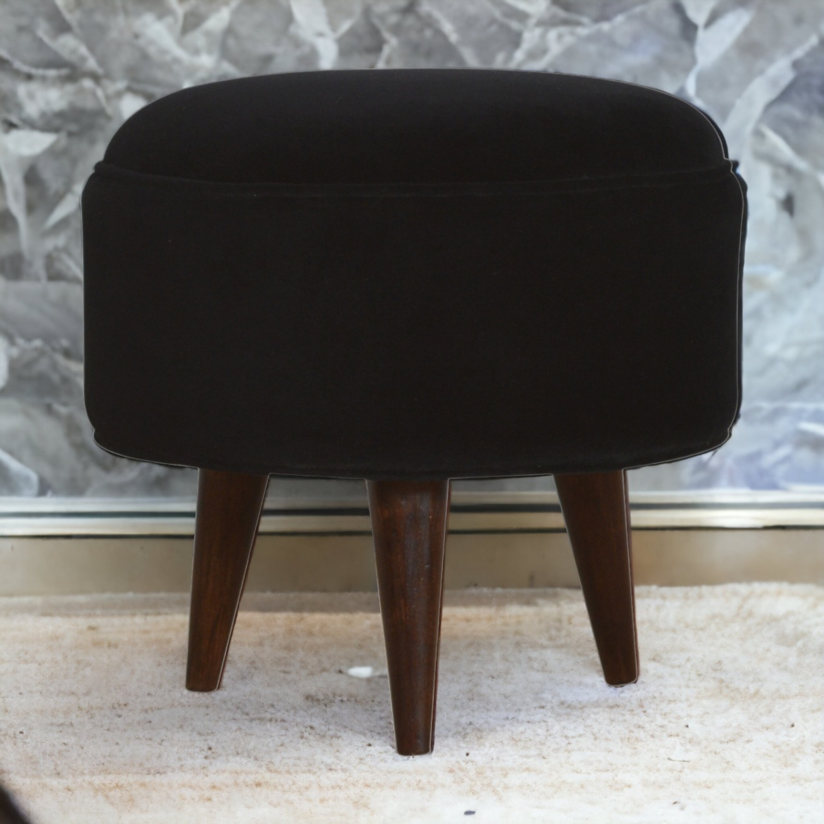 Artisan Furniture Solid Mango Wood Black Velvet Nordic Style Footstool