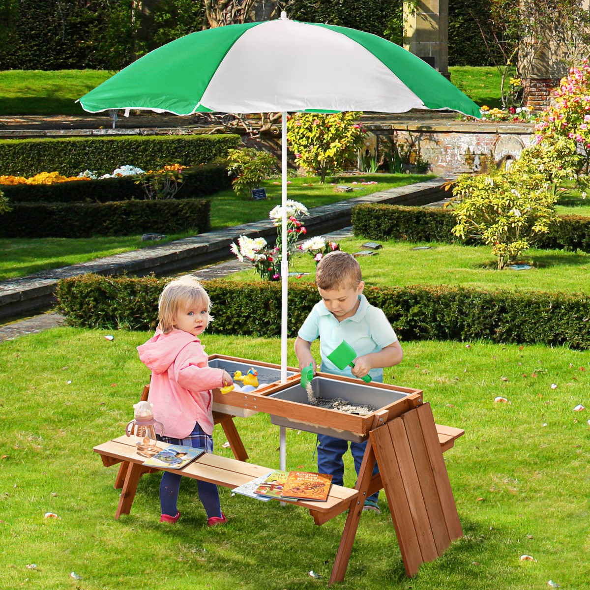 Outsunny Wooden Kids Picnic Table, Sand and Water Table with Benches, Brown