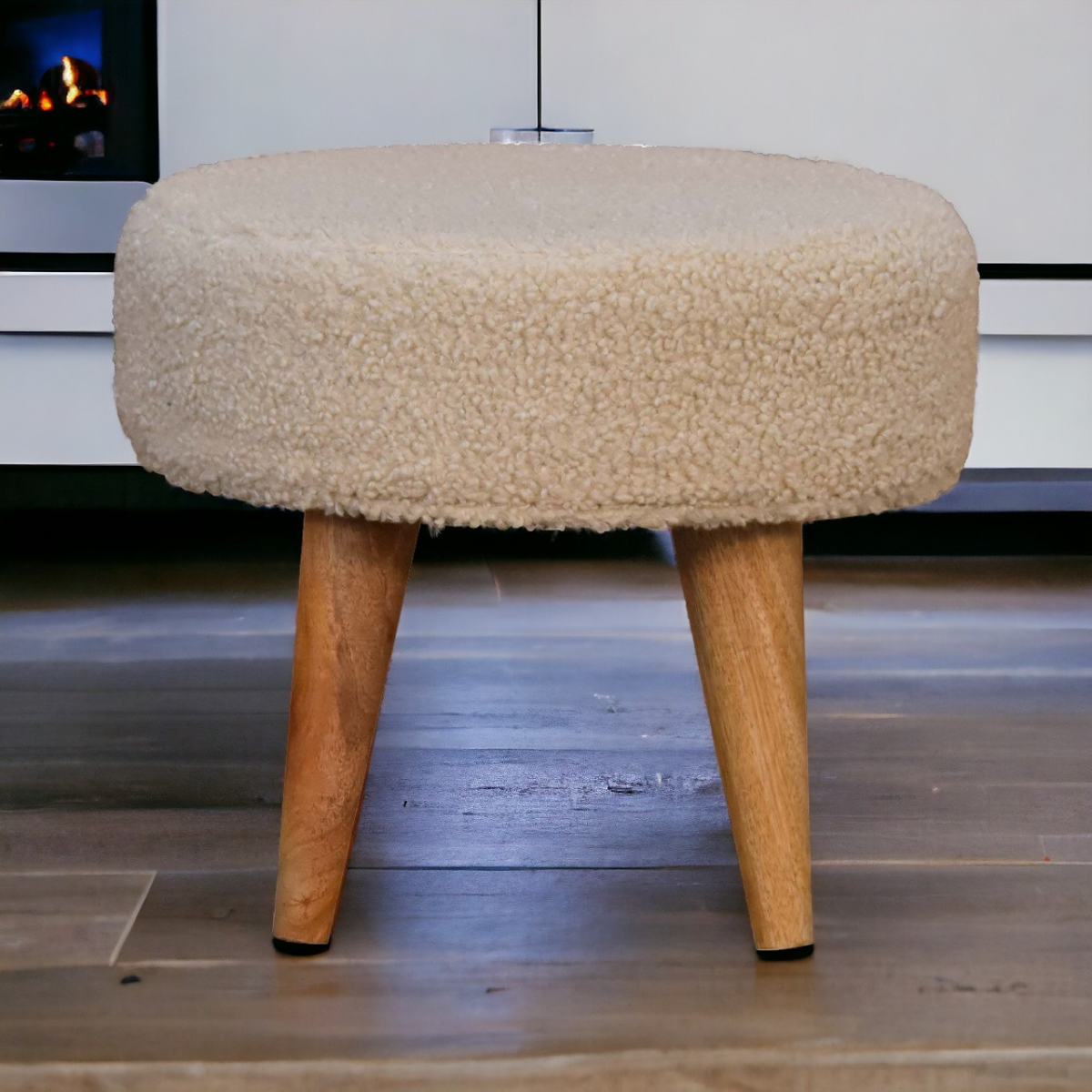 Artisan Furniture Solid Mango Wood Cream Boucle Petite Footstool