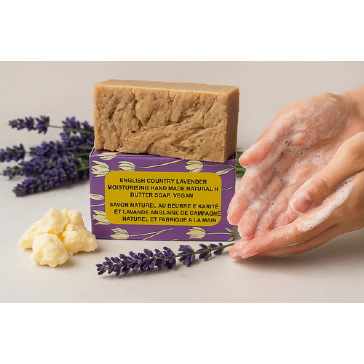 English  Country Lavender Natural Handmade Soap with Organic Unrefined, Fair Trade Shea Butter, Coconut and Olive Oil (115-135g)