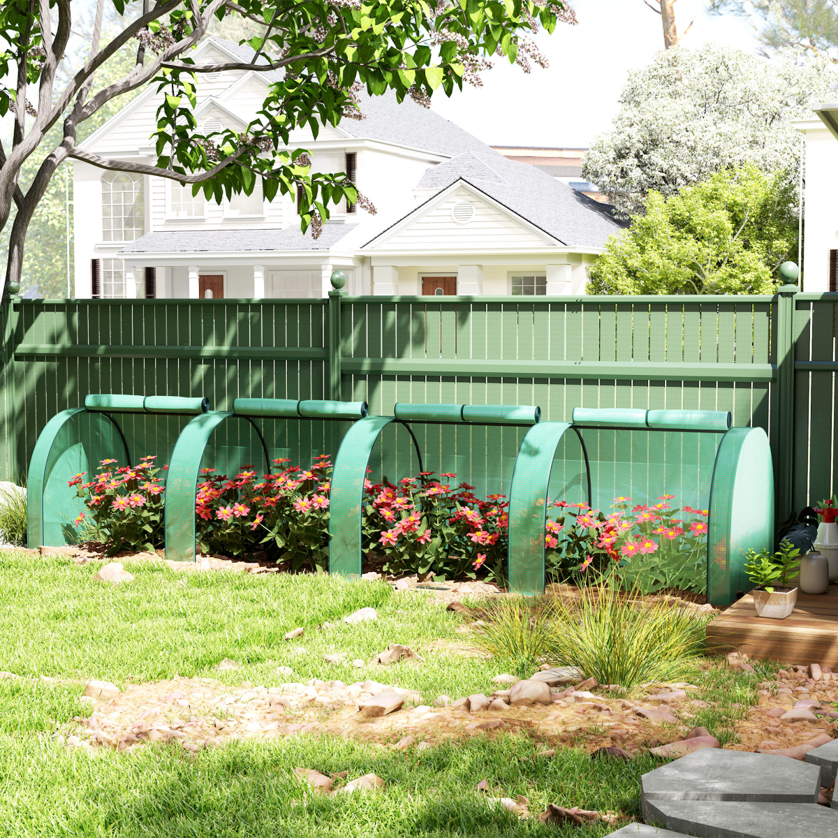 Outsunny Tunnel Greenhouse Steel Frame for Garden w/ Zipper Doors, Green