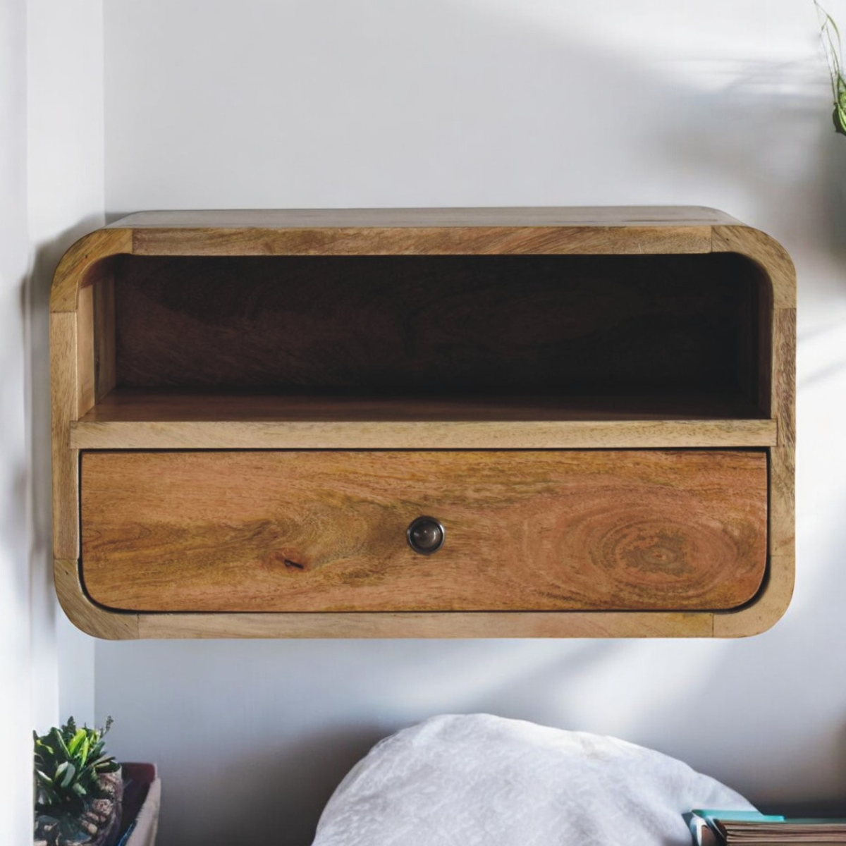 Artisan Furniture Solid Wood Large Oak-ish Curve Upper Slot Floating Bedside