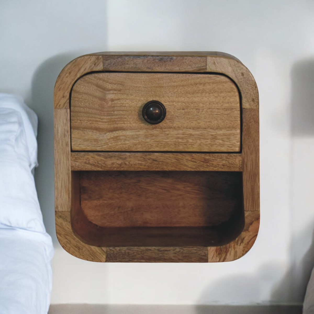 Artisan Furniture Solid Wood Extra Mini Curved Oak-ish Bedside with Open Slot