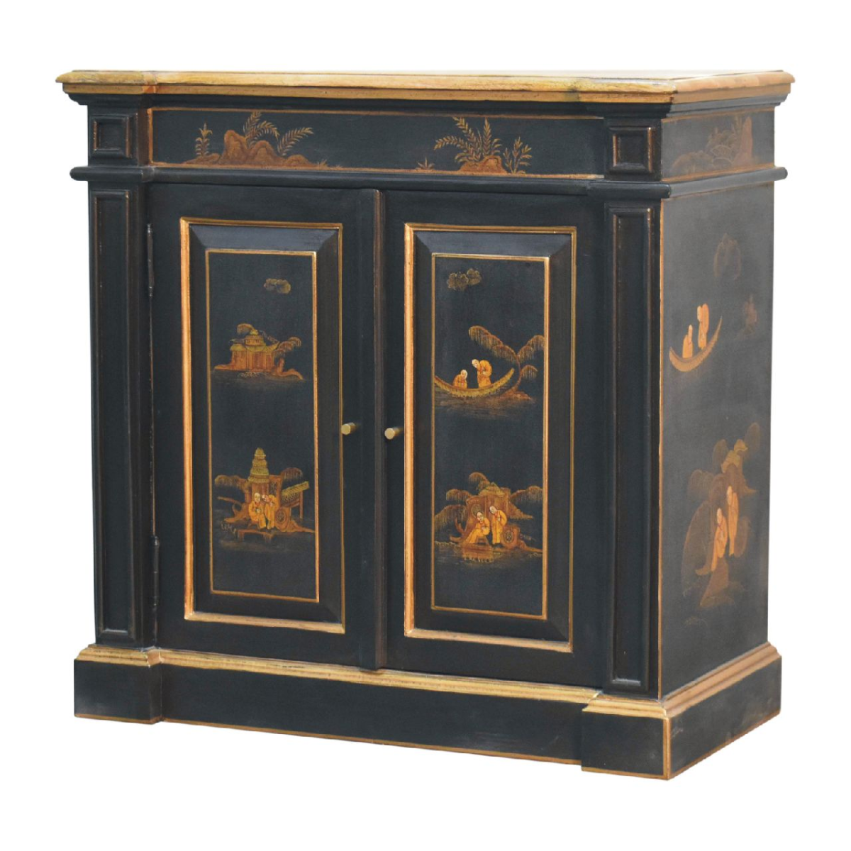 Artisan Furniture Solid Wood Oriental Hand-Painted Wine Cabinet, Black, 2 Doors