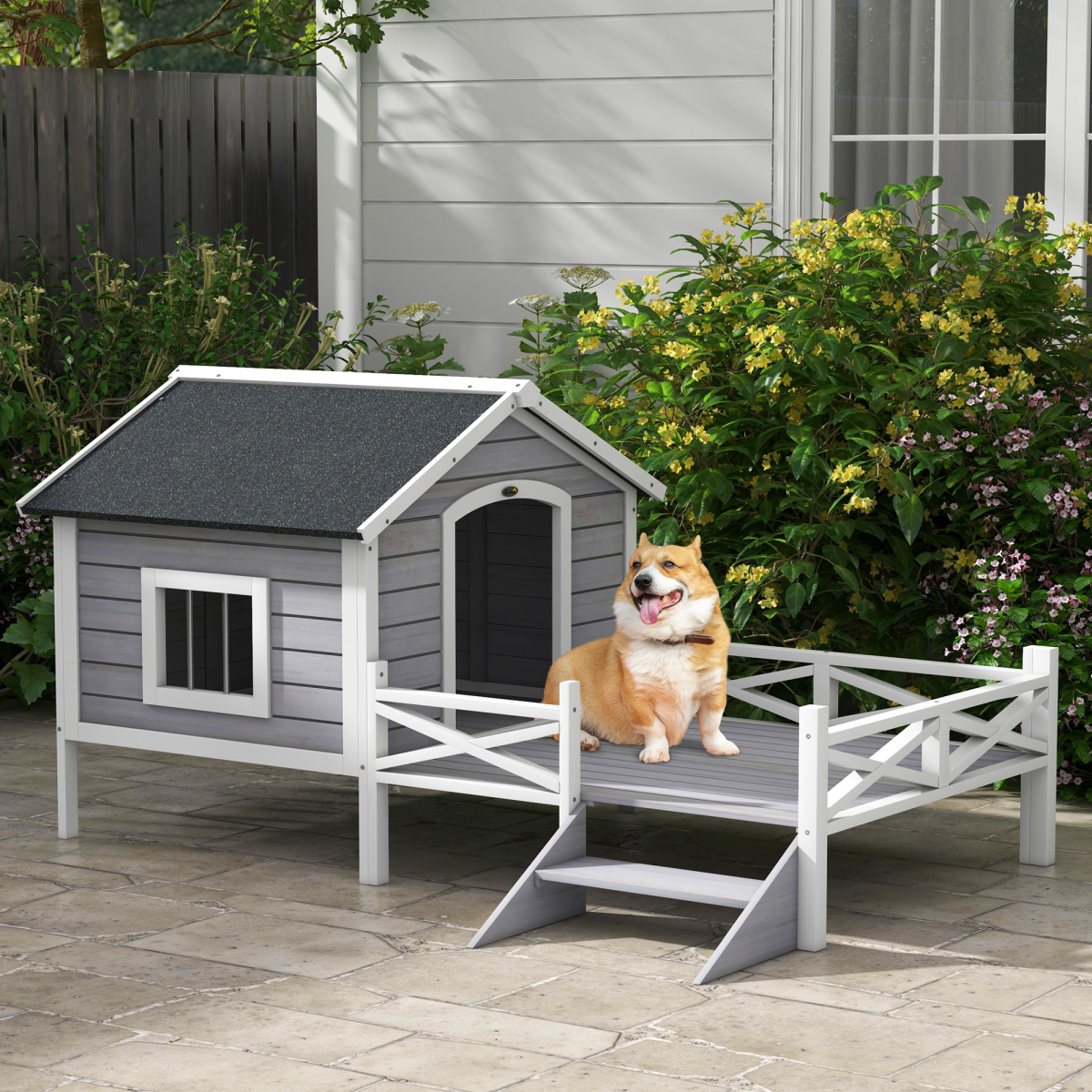 PawHut Wooden Dog House w/ Porch, Water-resistant Roof, for S M Dogs, Grey