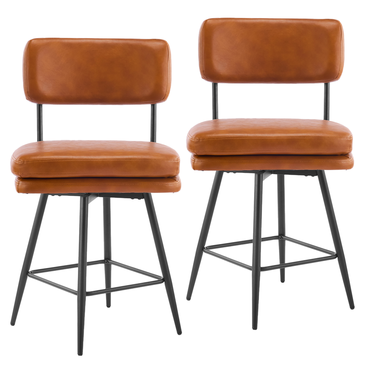 2 Pcs Brown PU Swivel Bar Stools with Removable Backrest & Double-Layer Seat, Metal Legs