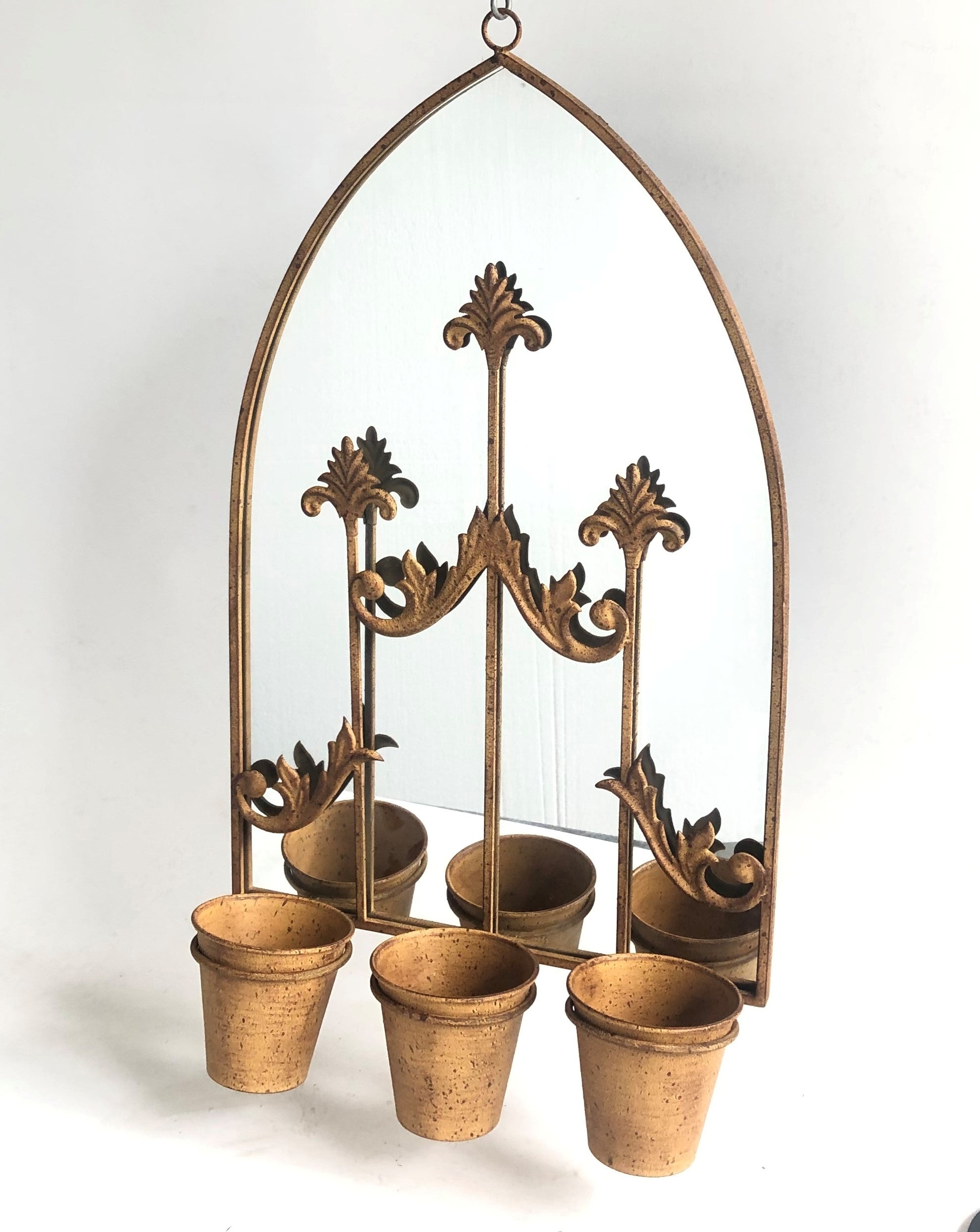 75cm RUSTY WALL MIRROR WITH TRIPLE PLANTER