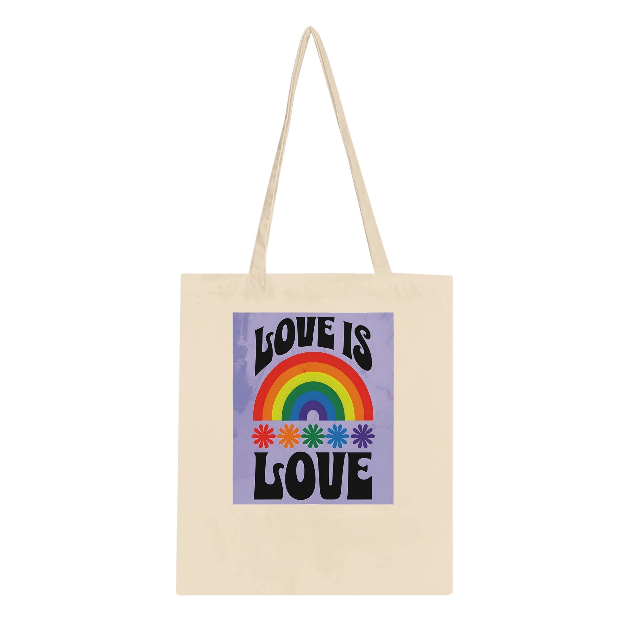 Love Is Love Tote Bag – LGBTQ+ Pride Rainbow Shopper Bag - Eco-Friendly Reusable Cotton Tote with Retro 70s Style Design