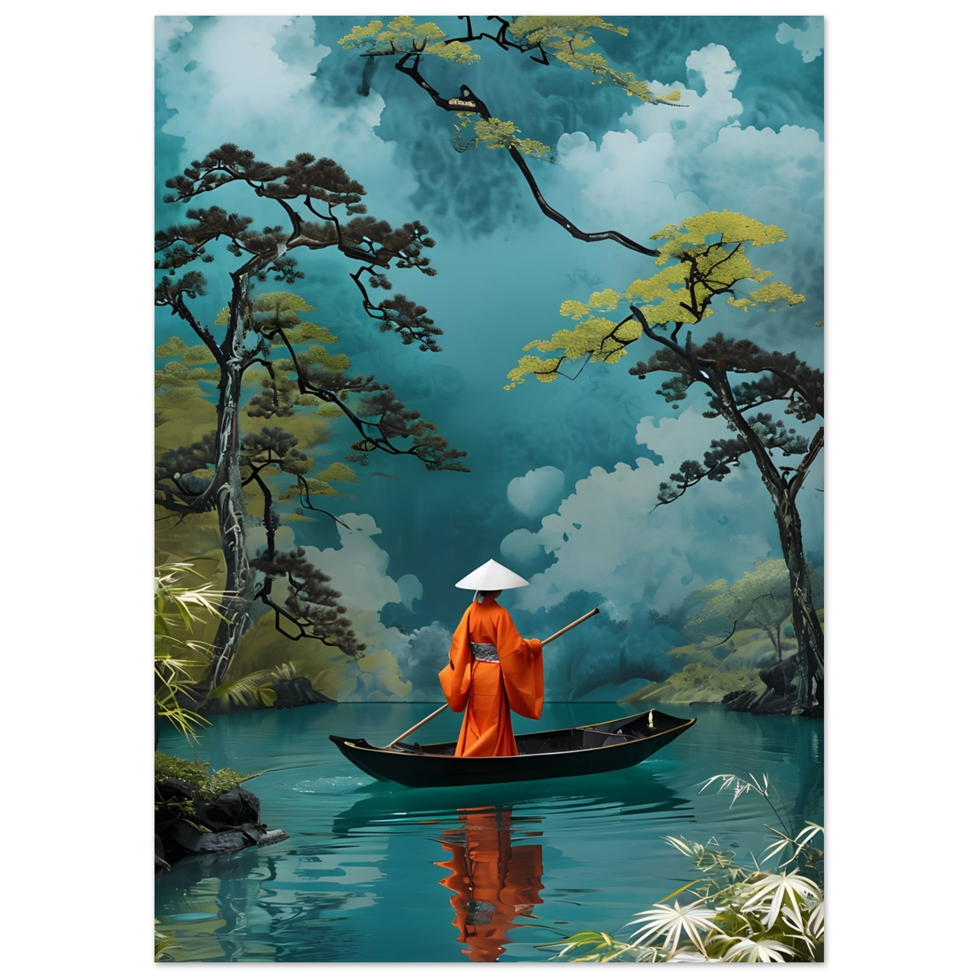 Serene Kimono Art Print – Traditional Japanese Poster | Turquoise Water Design