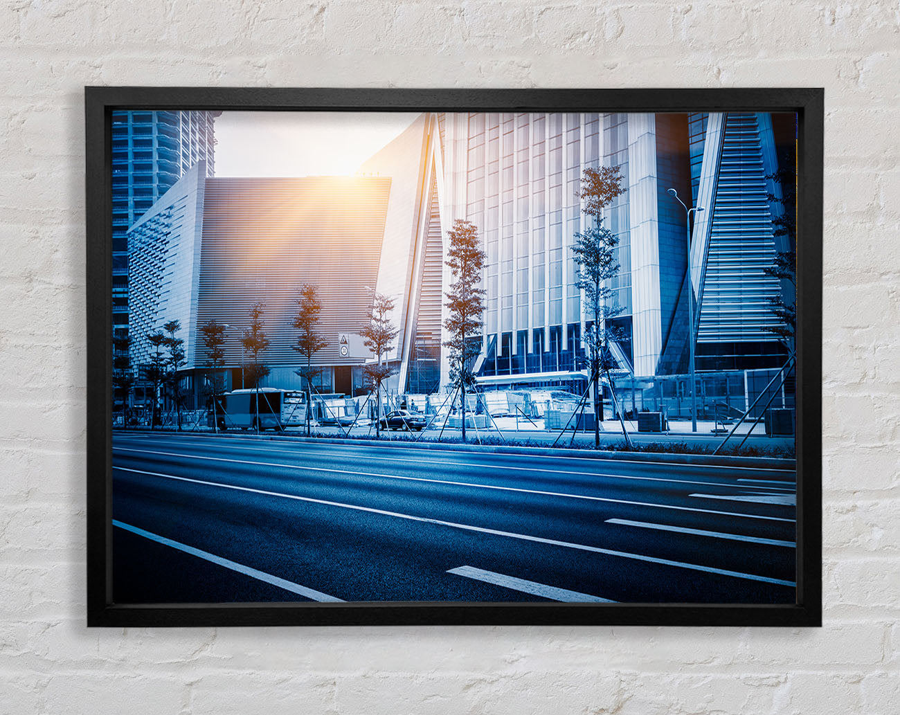 Blue city sunglare Framed Wall Art