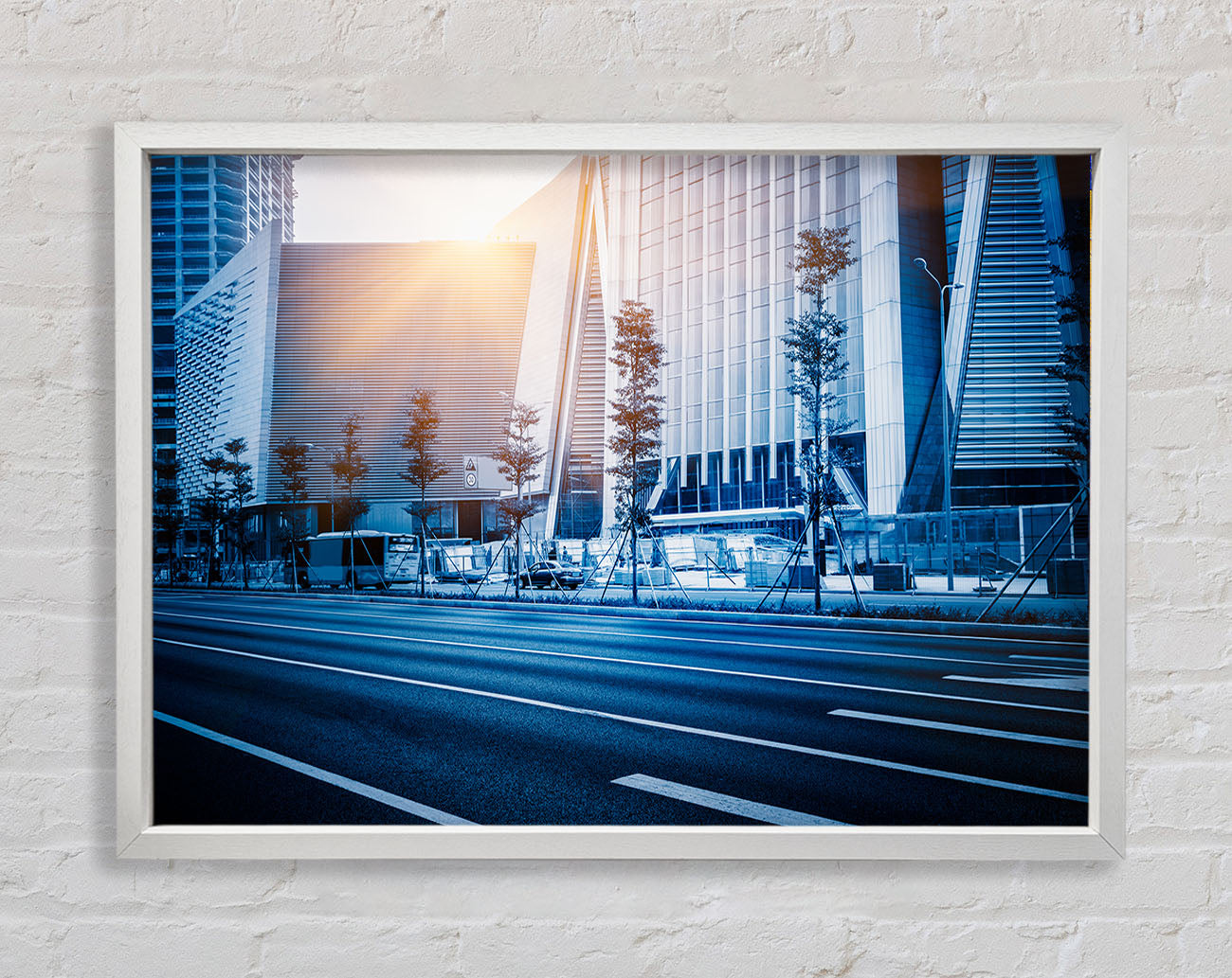 Blue city sunglare Framed Wall Art