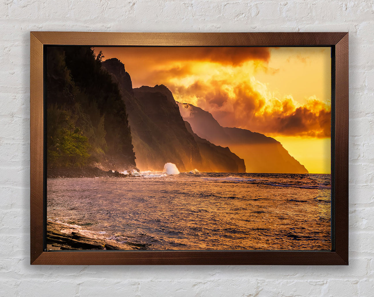 Cliff sunset crashing ocean Framed Wall Art