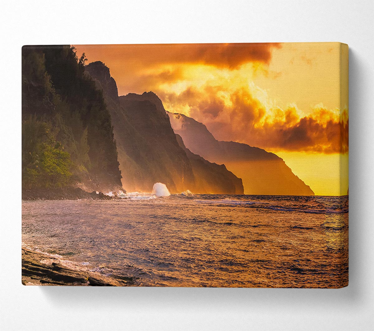 Cliff sunset crashing ocean Canvas Wall Art