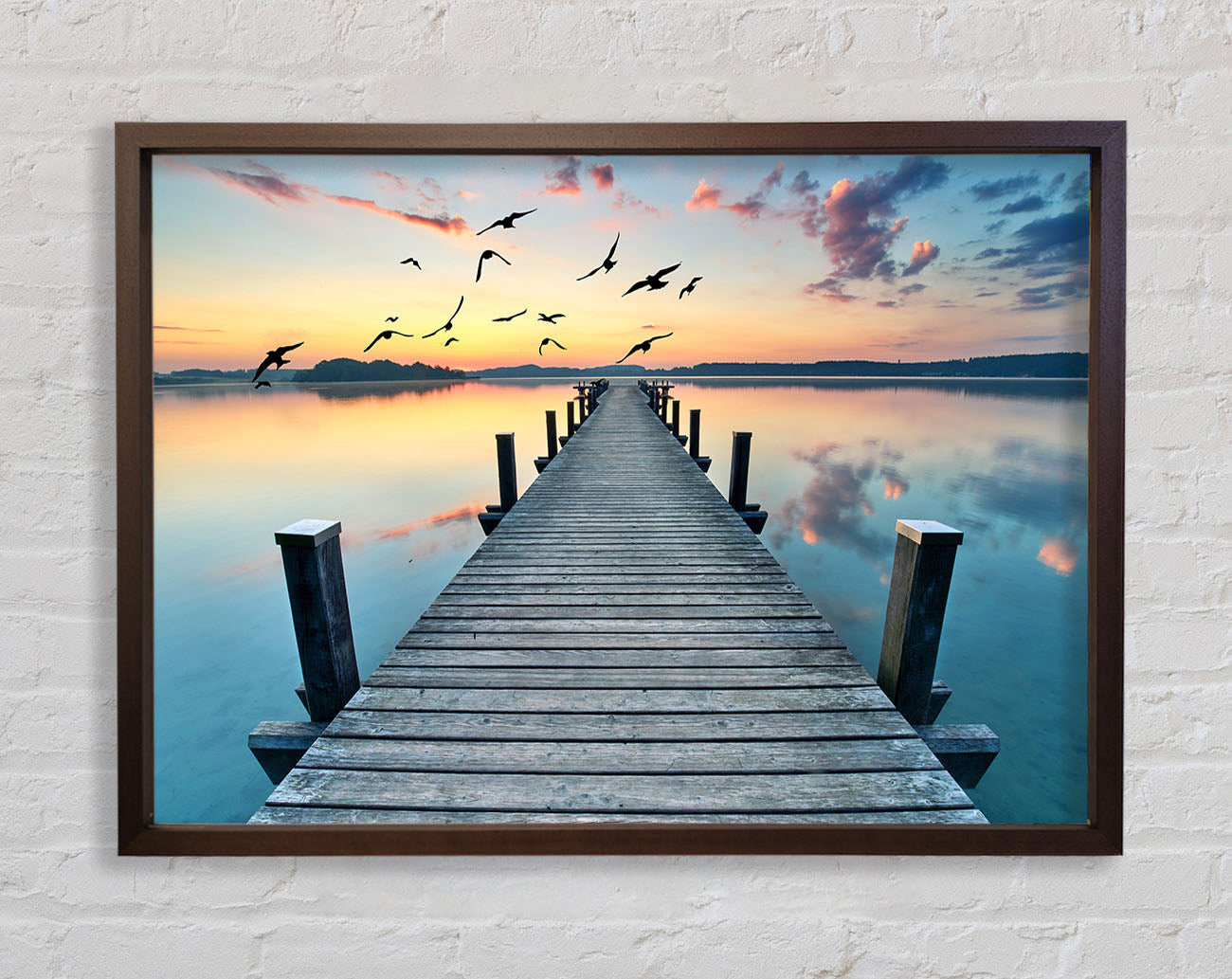 Bridge into the lake and seagulls Framed Wall Art