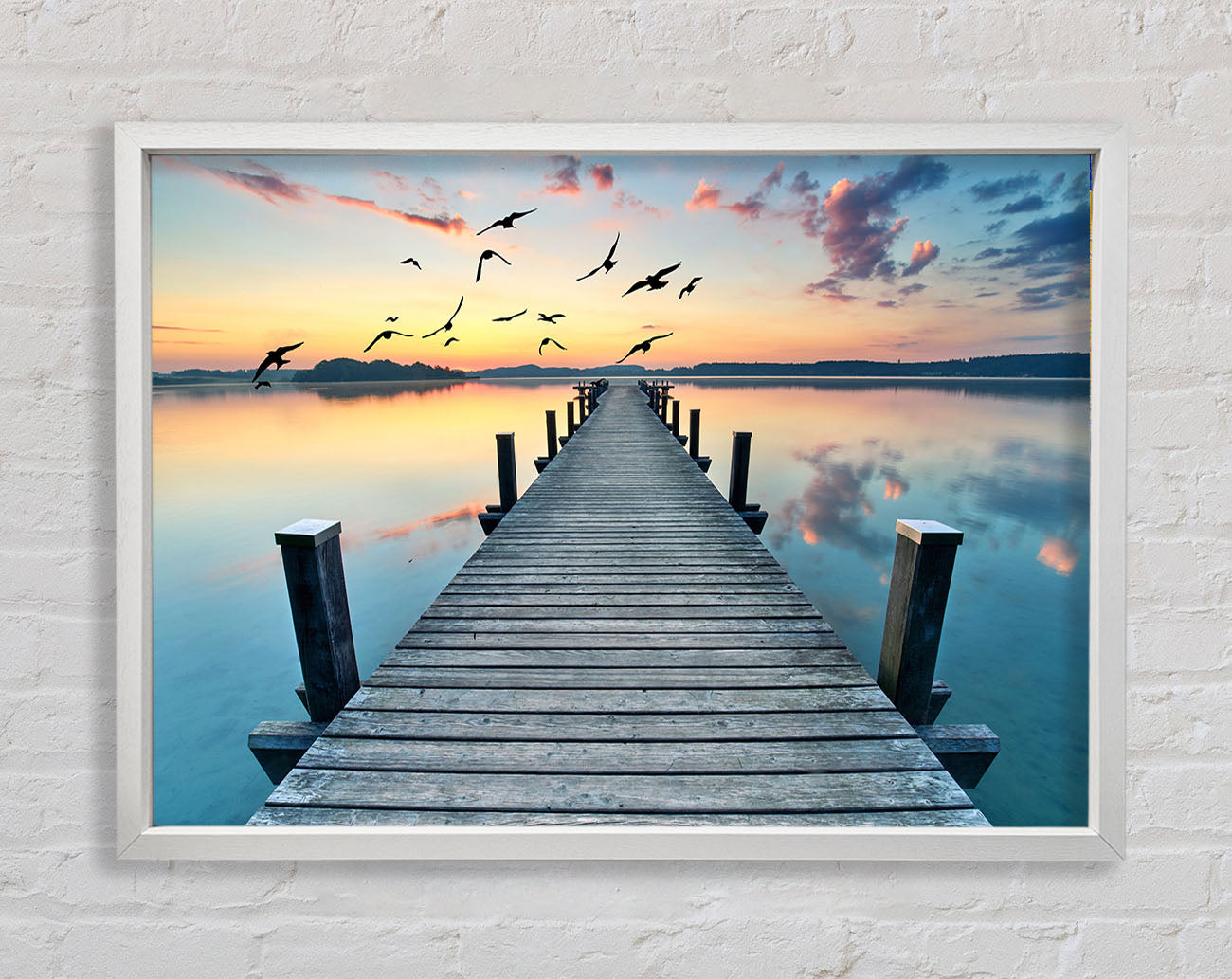 Bridge into the lake and seagulls Framed Wall Art