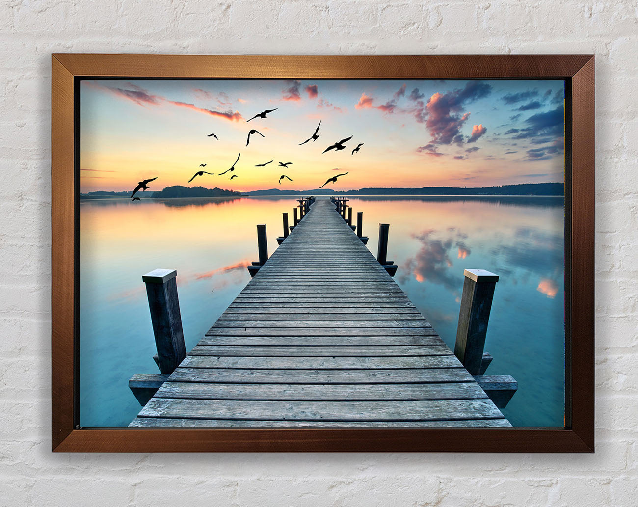 Bridge into the lake and seagulls Framed Wall Art