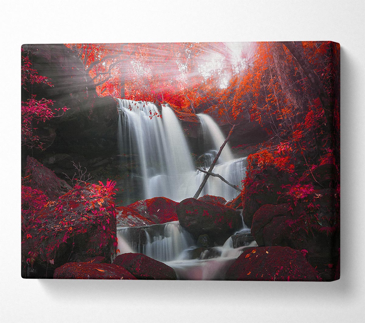 Red Forest Waterfall Delight Canvas Wall Art