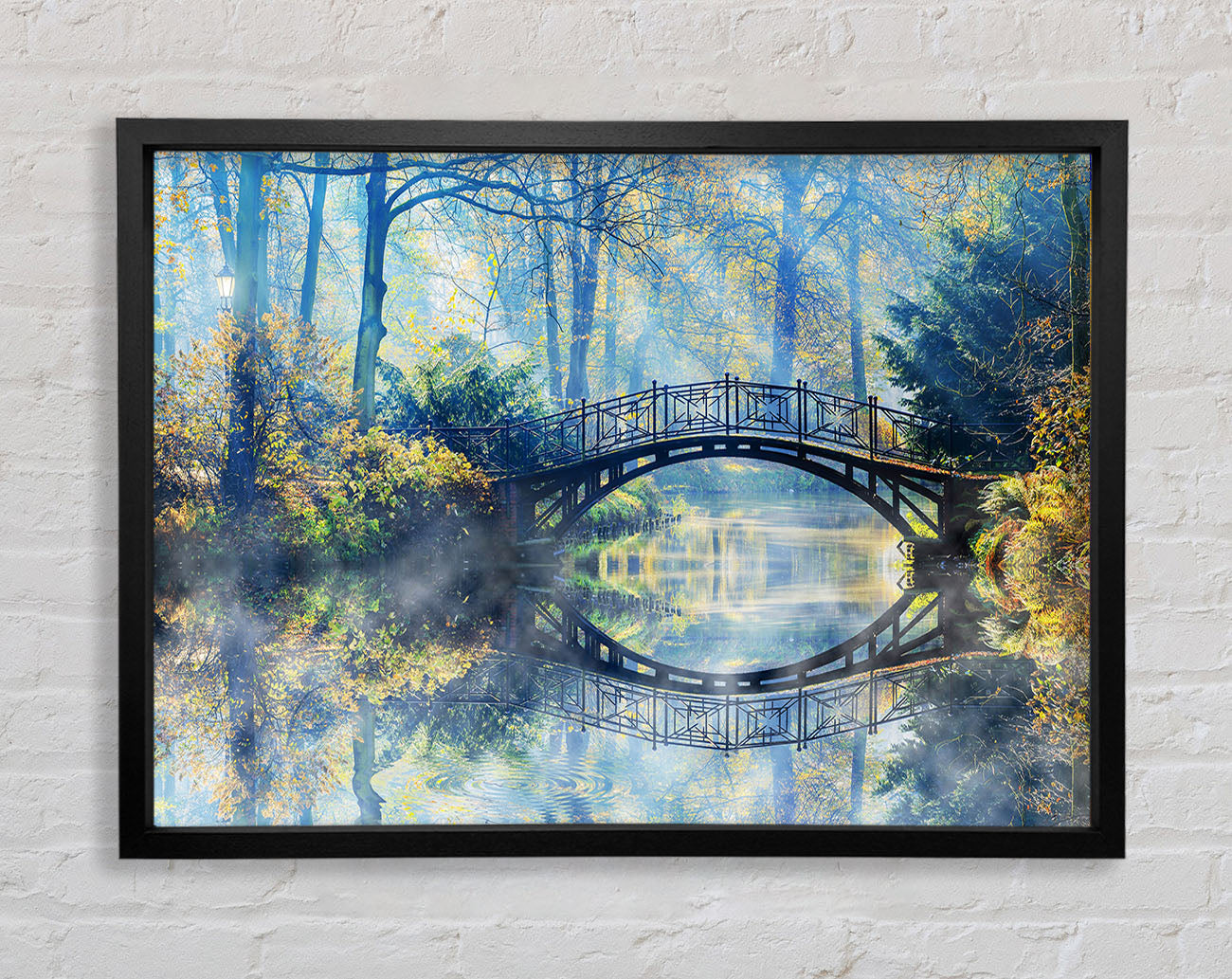 Blue hue bridge on lake Framed Wall Art