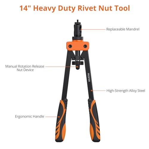 Proster 14" Rivet Nut Tool with 6PCS Metric Mandrels 150 PCS M3-M10 Heavy Duty RIV Nut Gun Set Thread Setter Kit with Carrying Case Orange