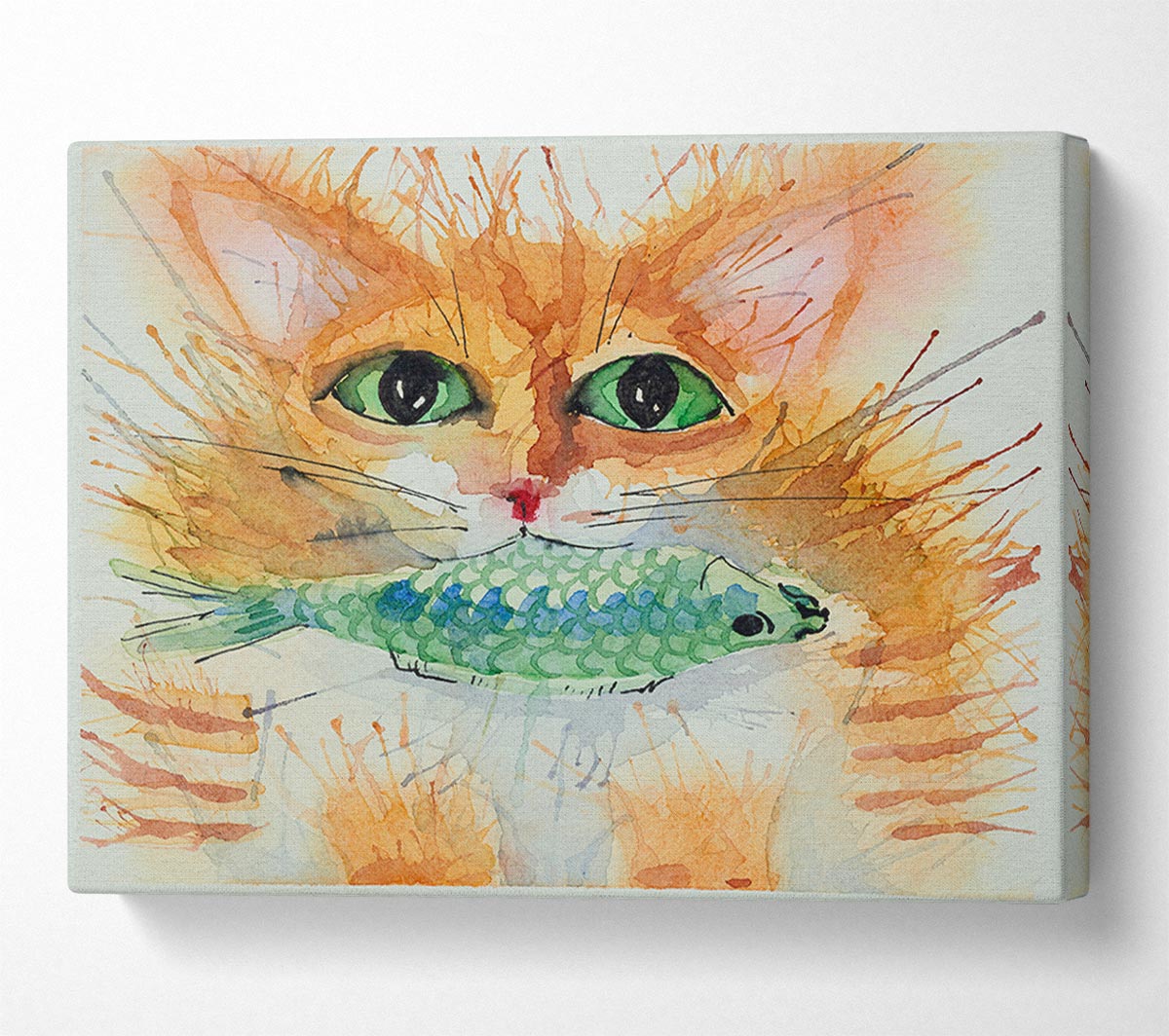 Watercolour Cat With Fish Canvas Wall Art
