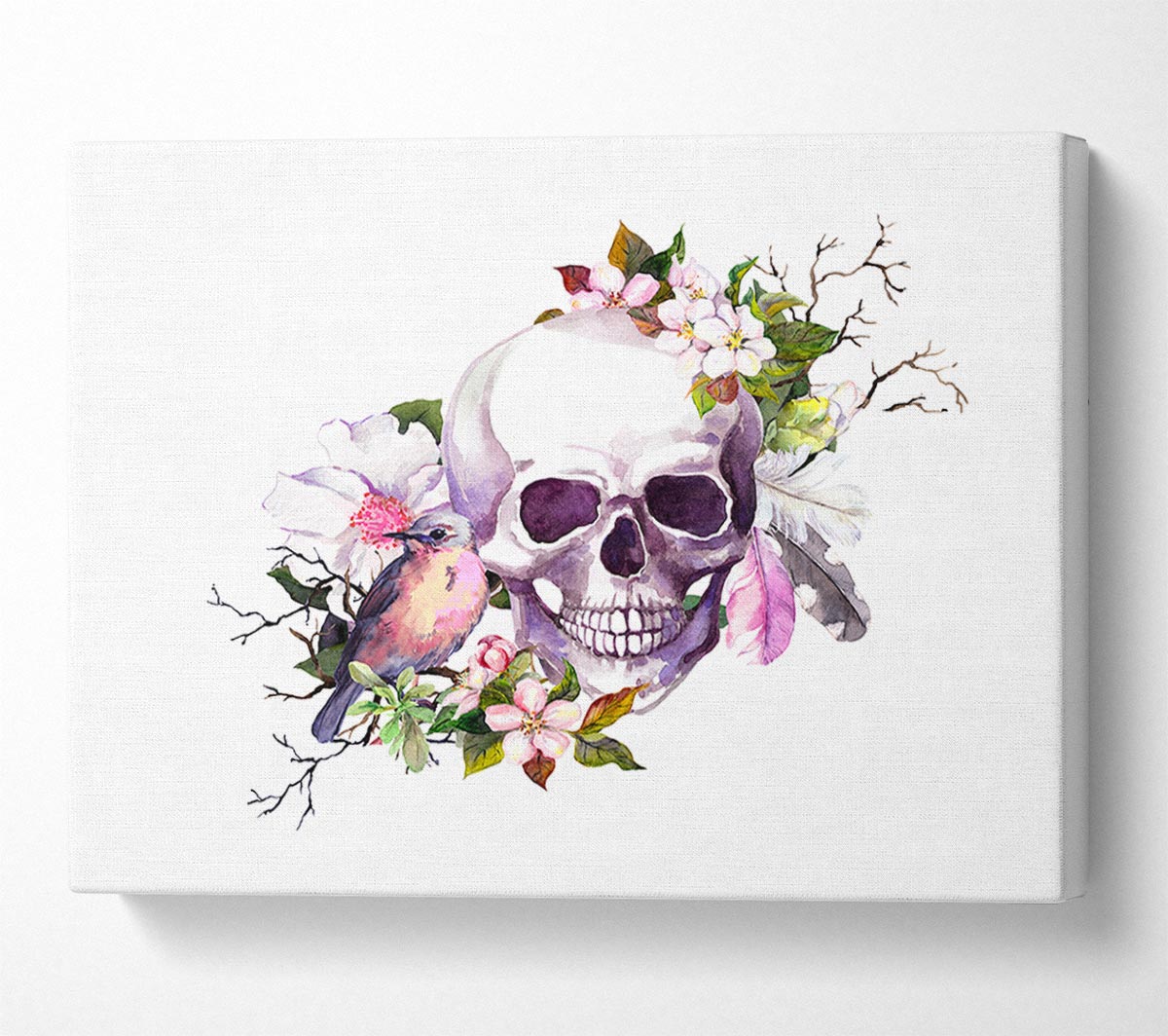 Skull Flowers And Bird Canvas Wall Art