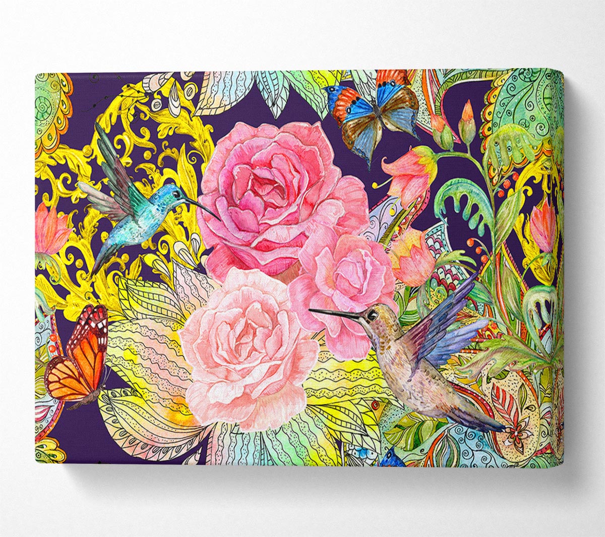 Hummingbird Flowers Dark Canvas Wall Art