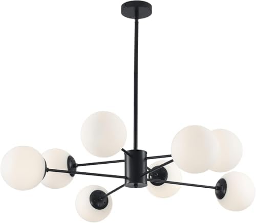 KCO Lighting Black Sputnik Chandeliers Ceiling Mount 8-Light Glass Ball Sputnik Chandelier Mid Century Modern Chandelier Light Fixture Kitchen Island Sputnik (Black+White)