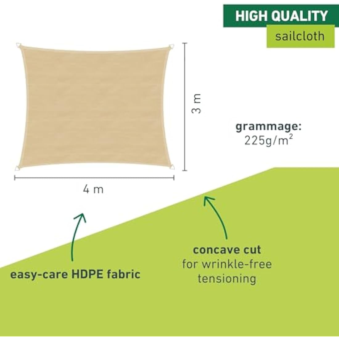 Windhager Capri Rectangular Sun Sail, 3 x 4 m, Sun Protection for Garden and Patio, UV and Weather Resistant, Champagne, 10759, Cream White