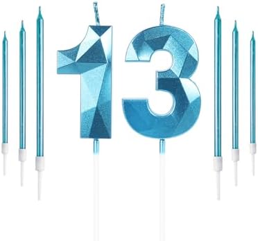 Boys Blue 13th Birthday Candles Set - Number 13 & Long Blue Candles for Birthday Cake & Party Decorations
