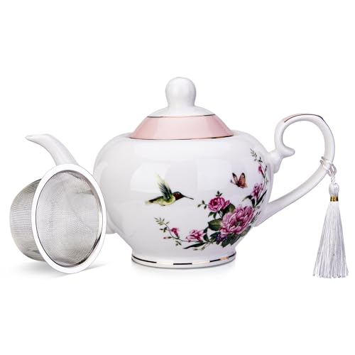London Boutique teapot with Infuser - Tea Pot infusers for Loose Tea -700ml Capacity Perfect 2 Cup teapot -Easy Grab Handle Teapots (Rose Bird Butterfly Pink)