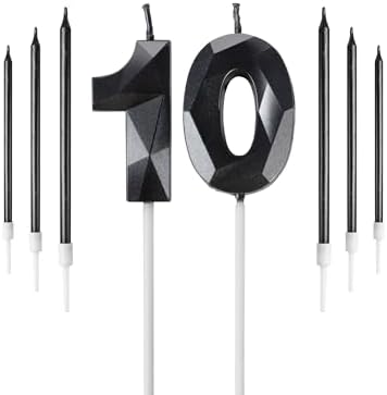 Black 10th Birthday Candles Set, Number 10 Candle with Black Gold Long Candles, Birthday Candles for Cake, Birthday Candle, Cake Candles Cake Topper Decorations for Birthday Party Wedding Anniversary