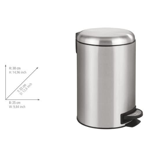 WENKO Pedal bin Leman of Stainless Steel 12l matt, Stainless-Steel, Silver, 25 x 32 x 38 cm